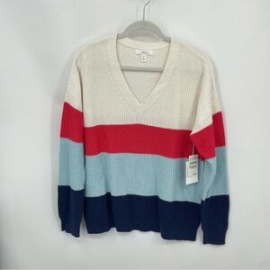 1901 Striped V-Neck Knit‎ White pink Blue ivory seaside block Sweater Sz XXL